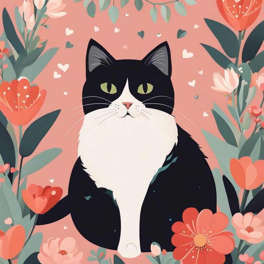 Cute Cat with Flowers Illustration