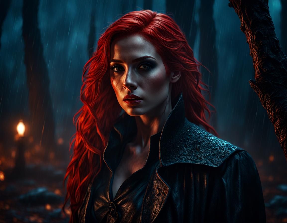 Hyperrealistic Vampire Portrait in Rainy Forest Night