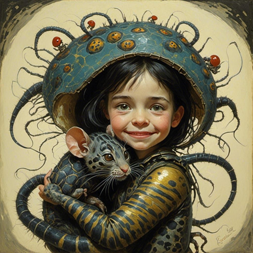 Happy Girl Hugging Cute Alien Creature