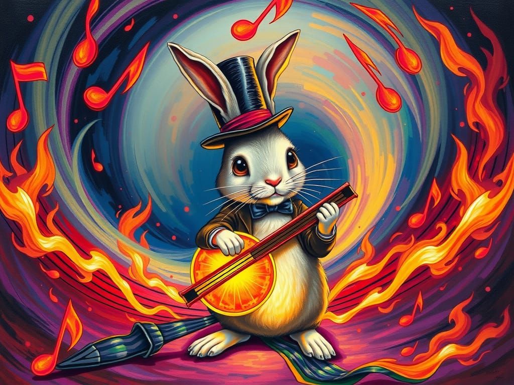 Mystical Bunny with Harmonica in Pop Surrealist Style