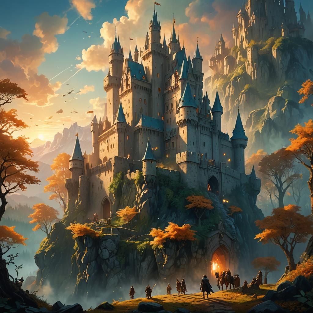 Mythical Creatures Gather at Medieval Castle: Fantasy Art