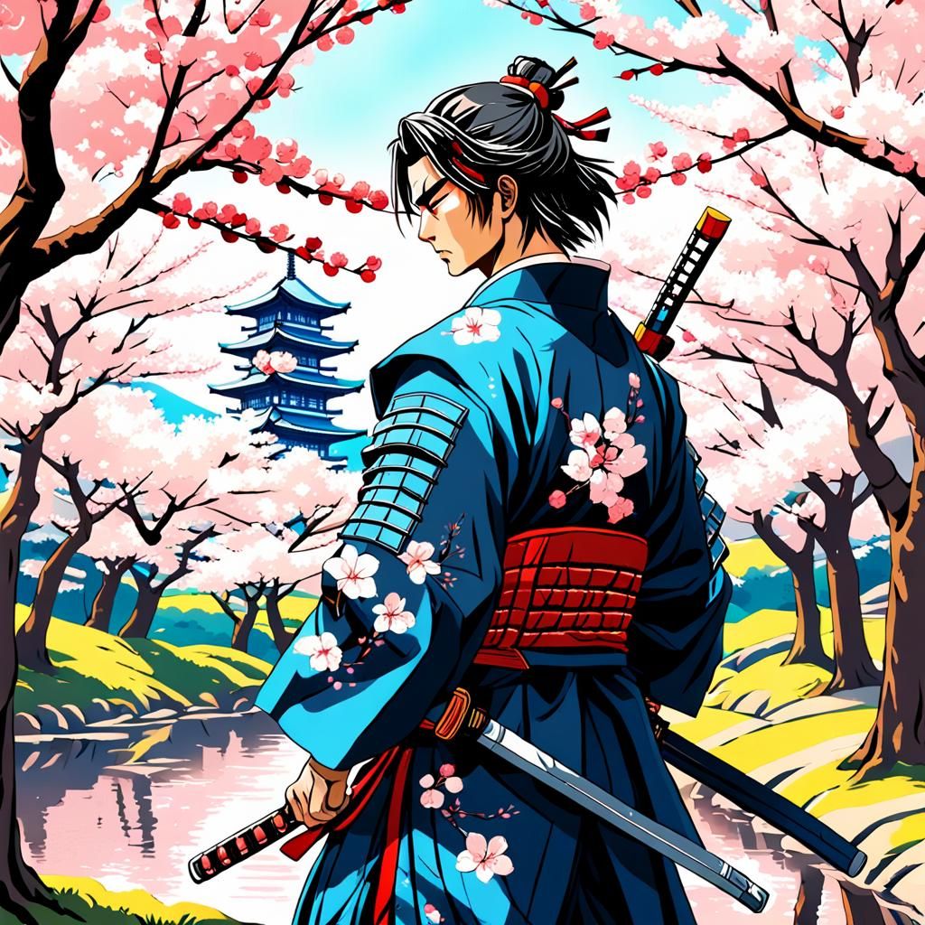 Samurai in Cherry Blossoms: Ukiyo-e Anime Digital Painting