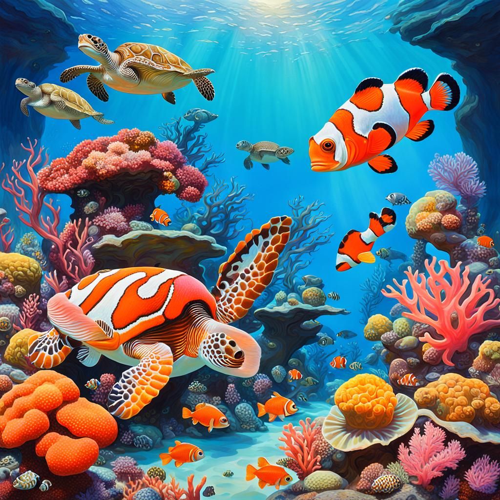 Underwater Coral Reef Scene in Surreal Style
