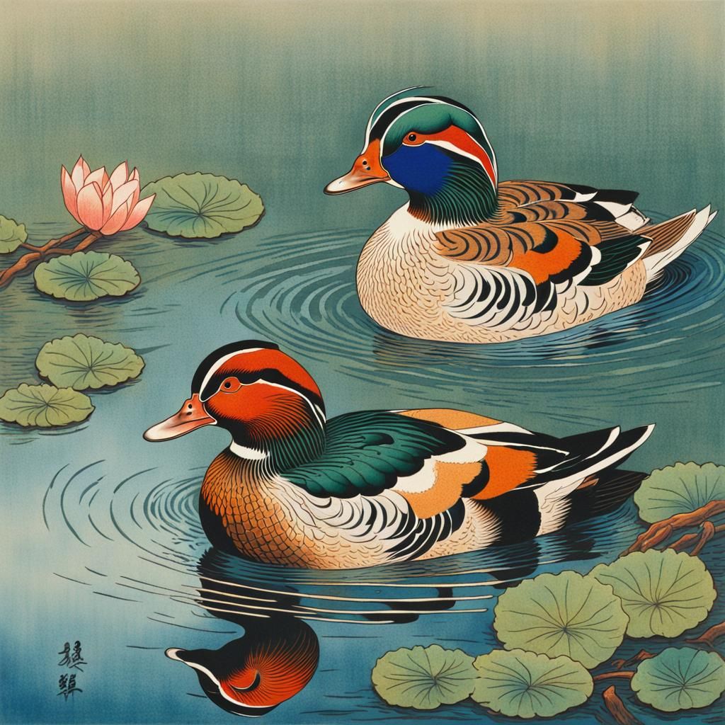 Japanese Woodblock Print of Mandarin Ducks in Ukiyo-e Style