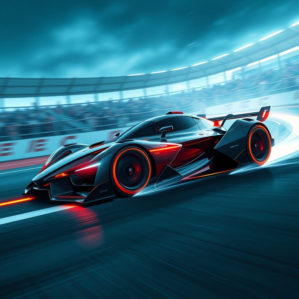 A sleek, futuristic race car speeding around a track