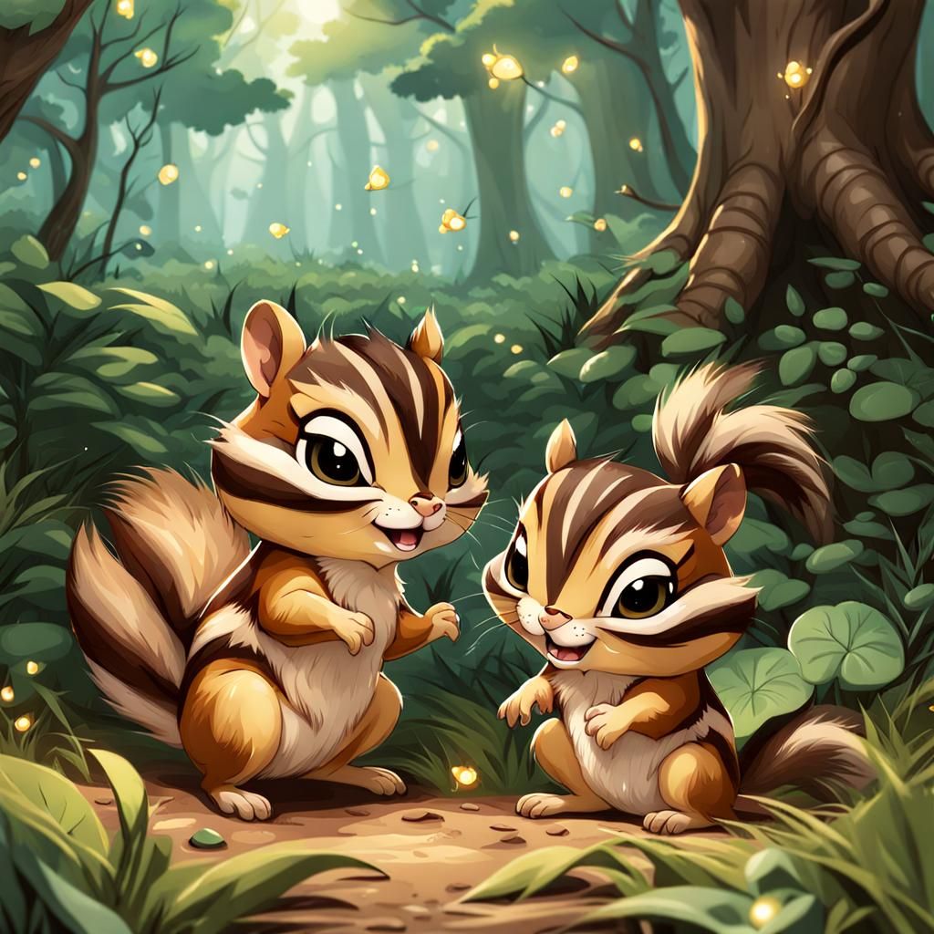Chibi Chipmunks Play in Whimsical Magical Forest