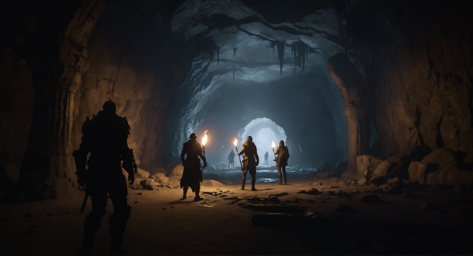 Fantasy Adventurers Explore Dark Cavern Ruins