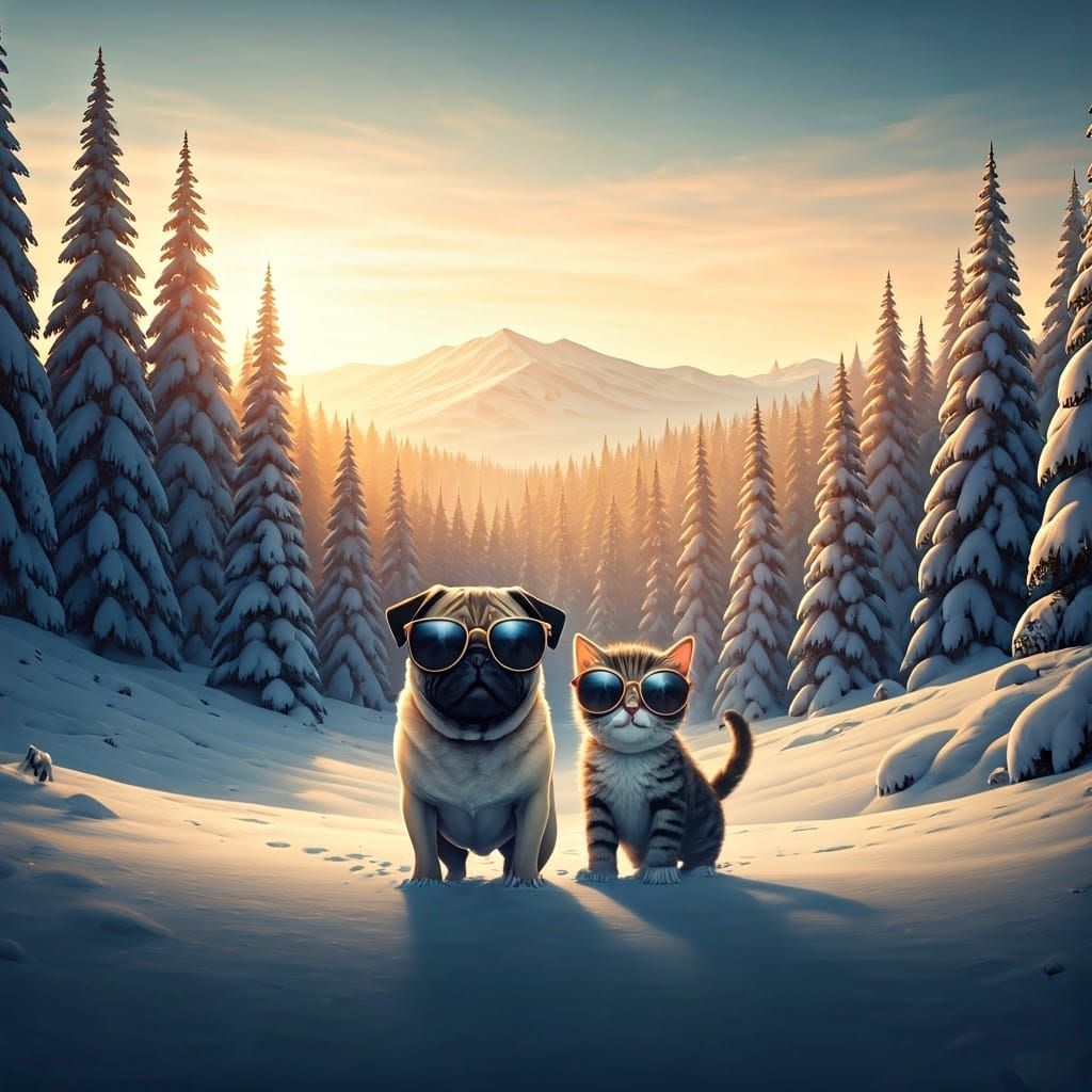 Pug and Kitten Frolic in Snowy Landscape