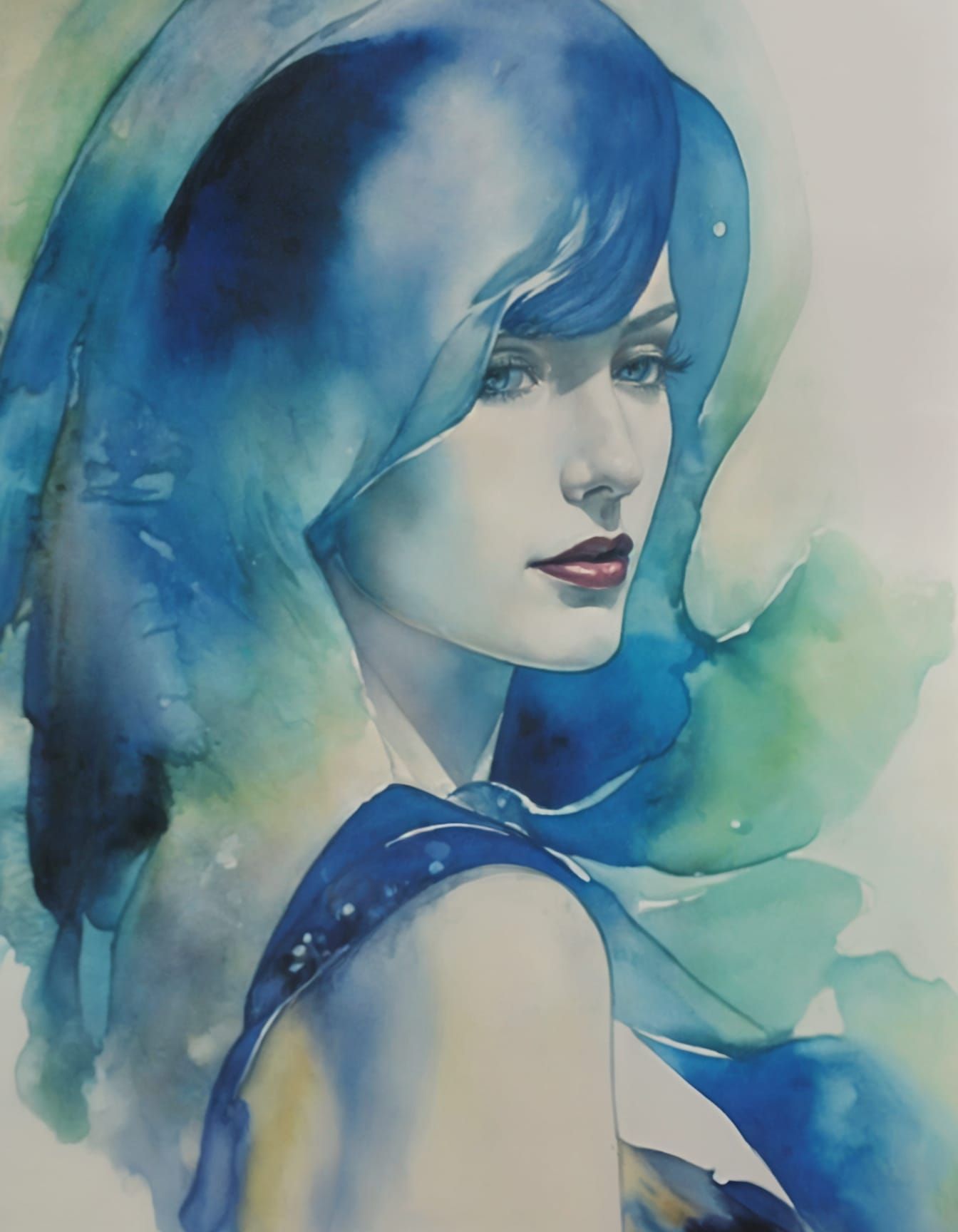 Watercolor Woman in Blue, Art Nouveau Style