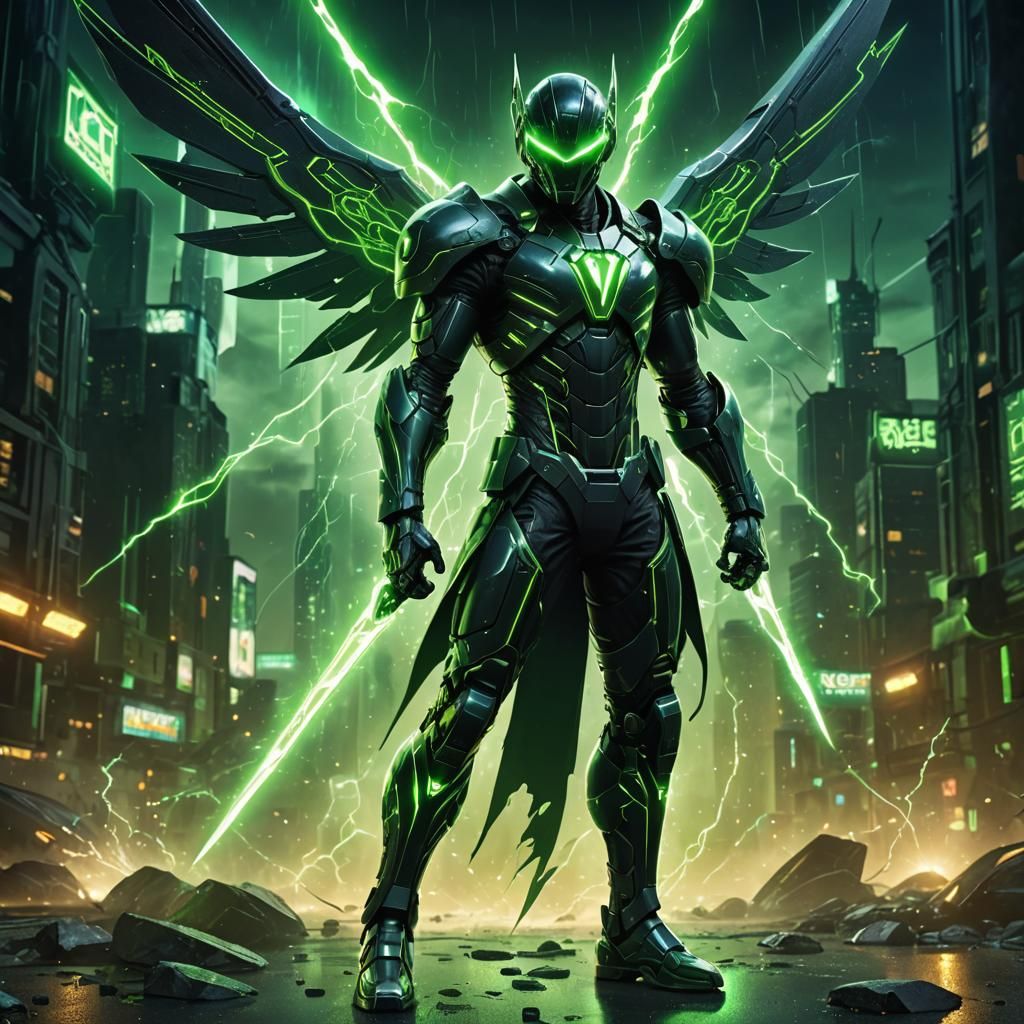 Cybernetic Superhero Swordsman with Green Energy