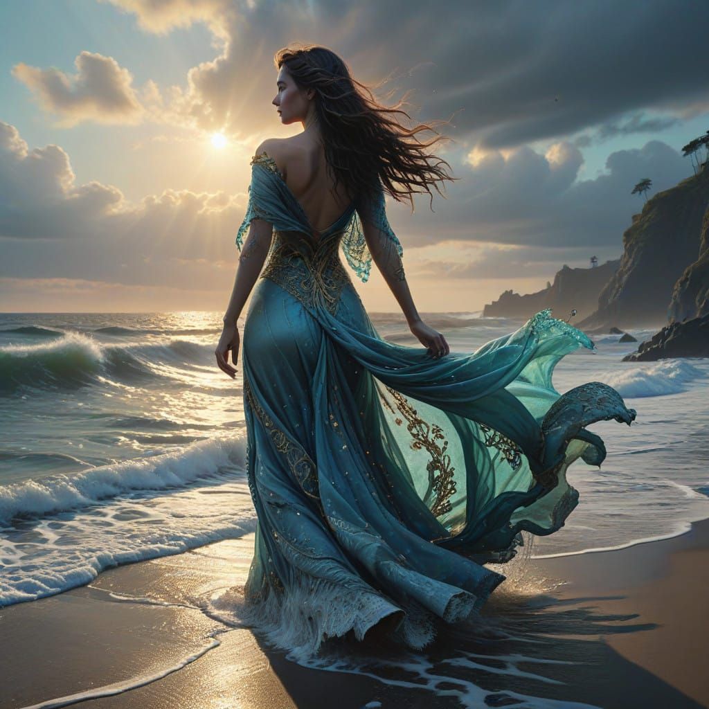 Majestic Ocean Goddess in Serene, Dreamlike Pose