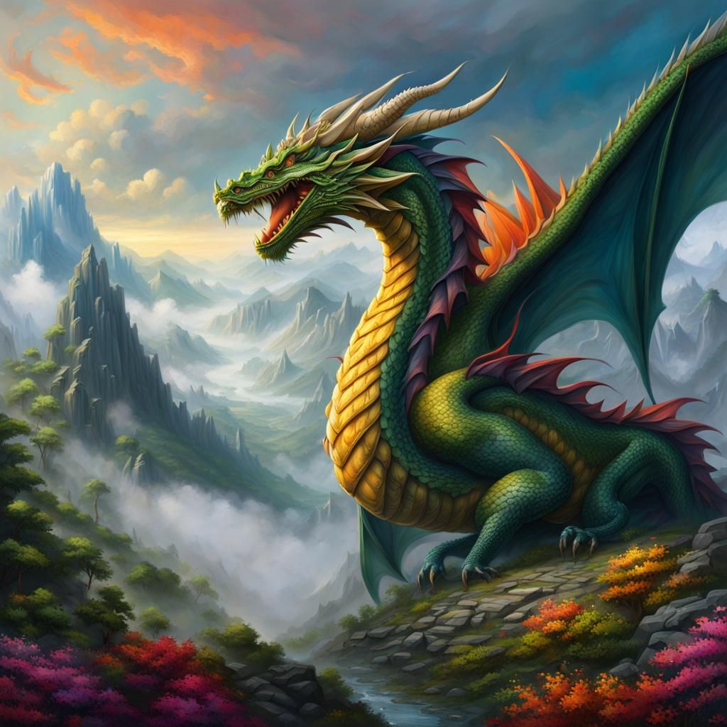 Epic Dragon Soaring Over Misty Mountains