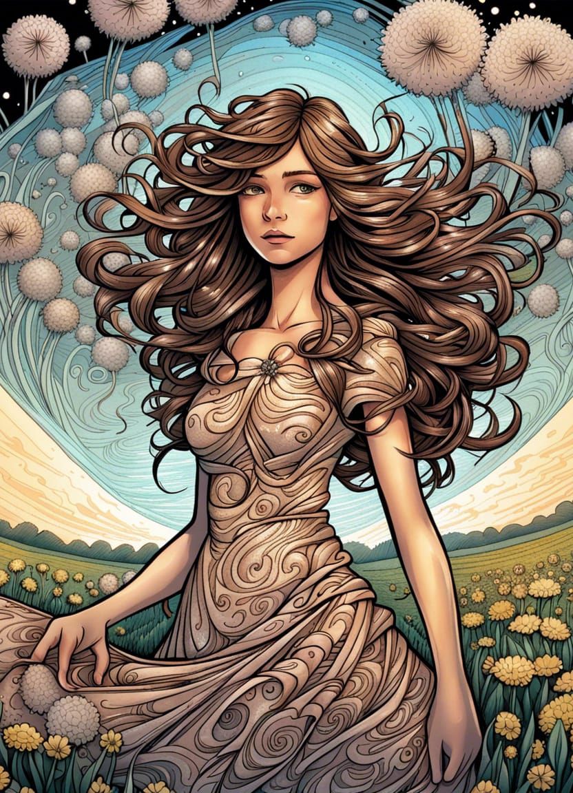 Girl in Dandelions Field: Comic Book Style Art