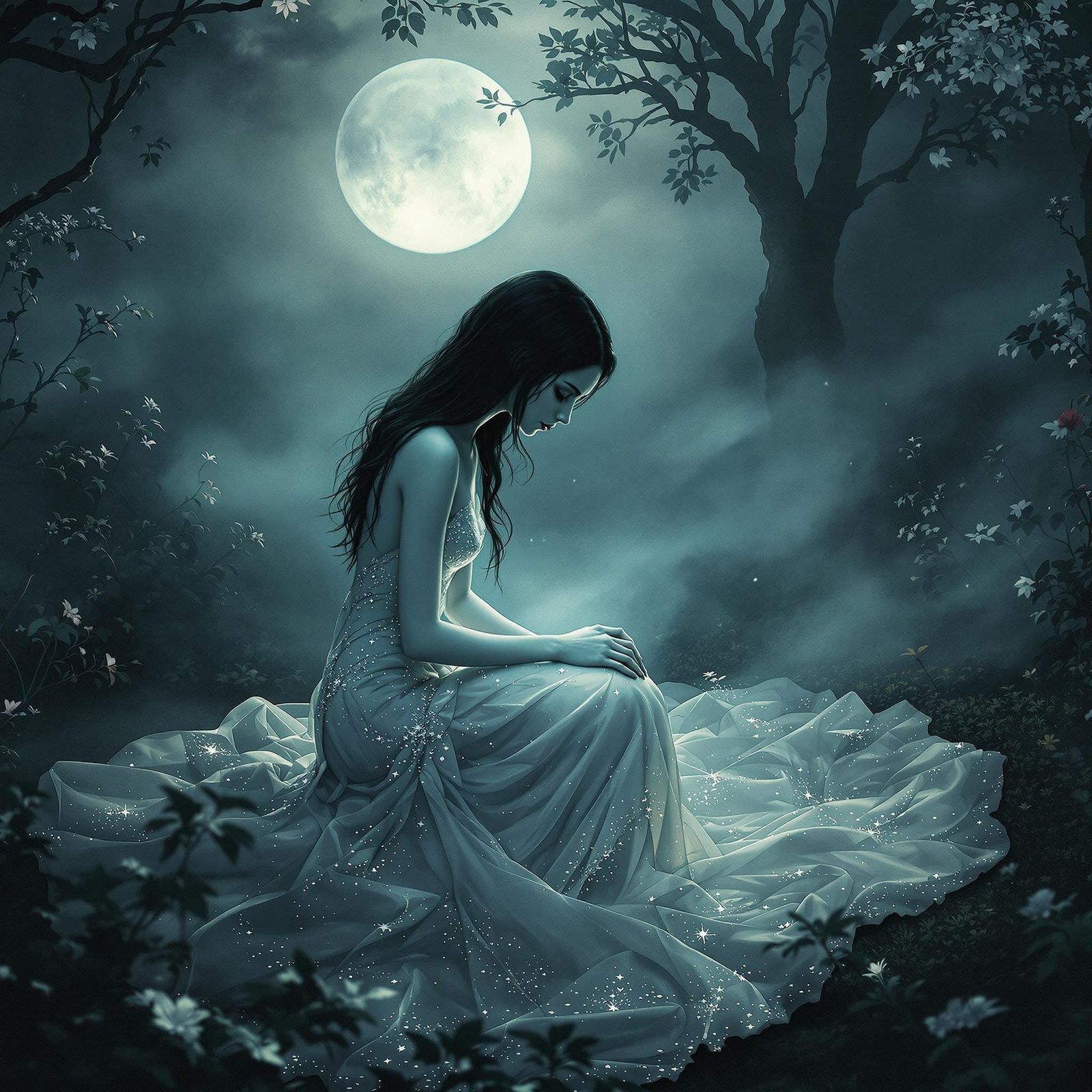 Ethereal Moonlit Woman in a Flowing Gown