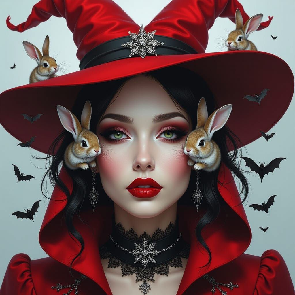 Gothic Witch Portal: Rabbits & Bats Emerge in Red and Silver