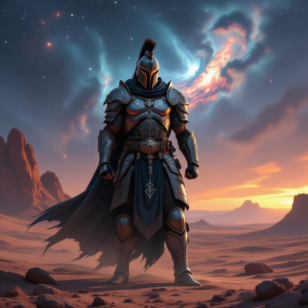 Futuristic Warrior on Alien Planet in Nebula Sky