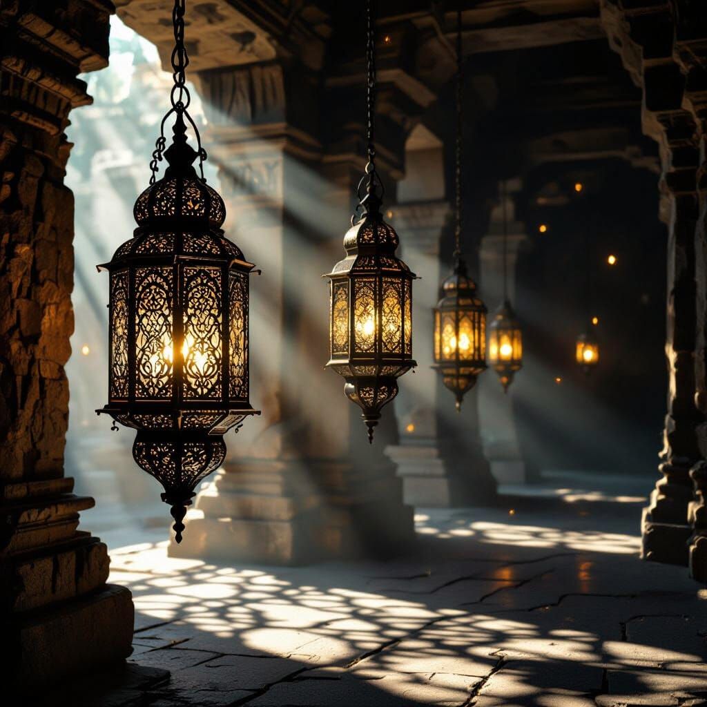 Ornate Lanterns Cast Shadows in Ancient Temple