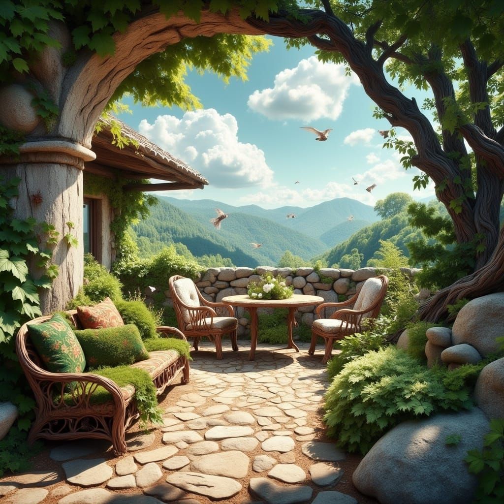Springtime Garden Patio in Serene Landscape