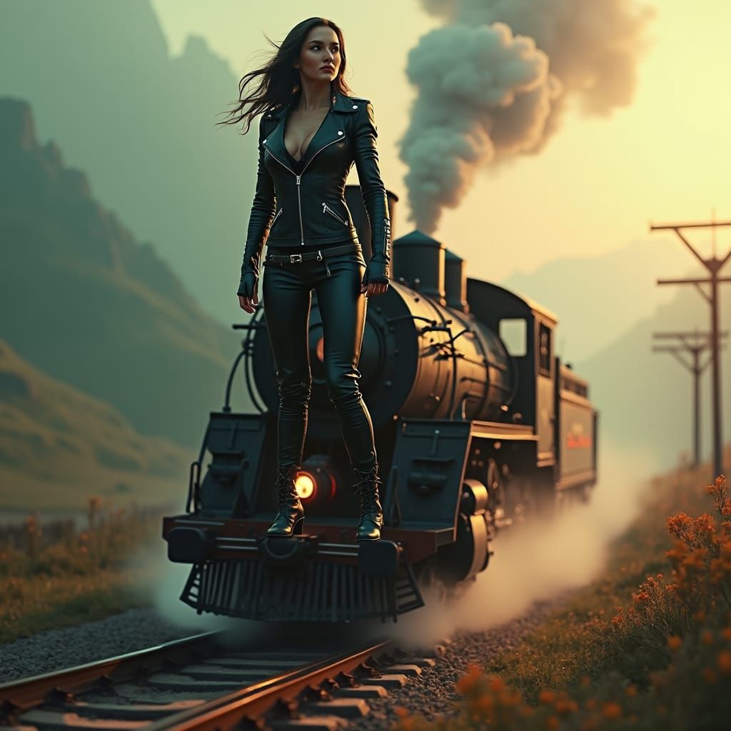 Woman on Steam Train in Dreamlike Landscape