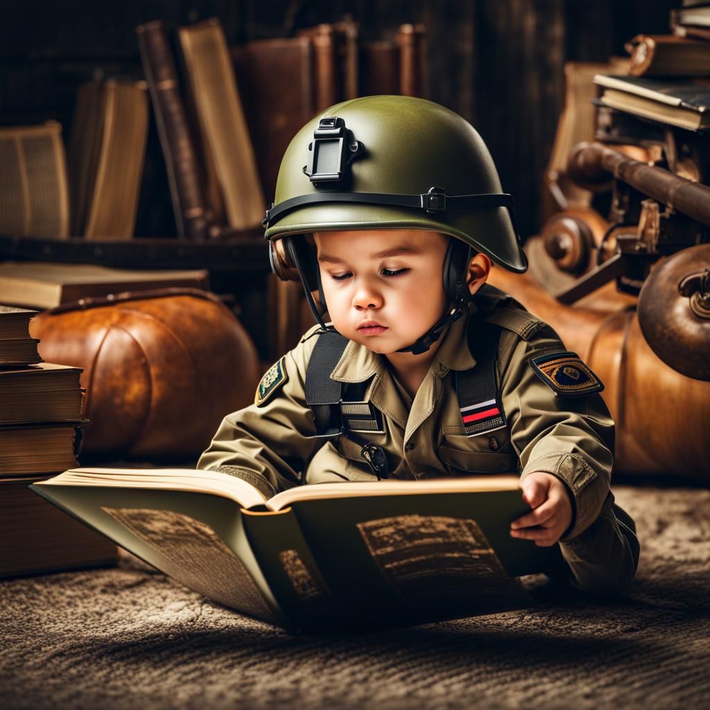 Hyperrealistic Toddler Soldier Reads a Book