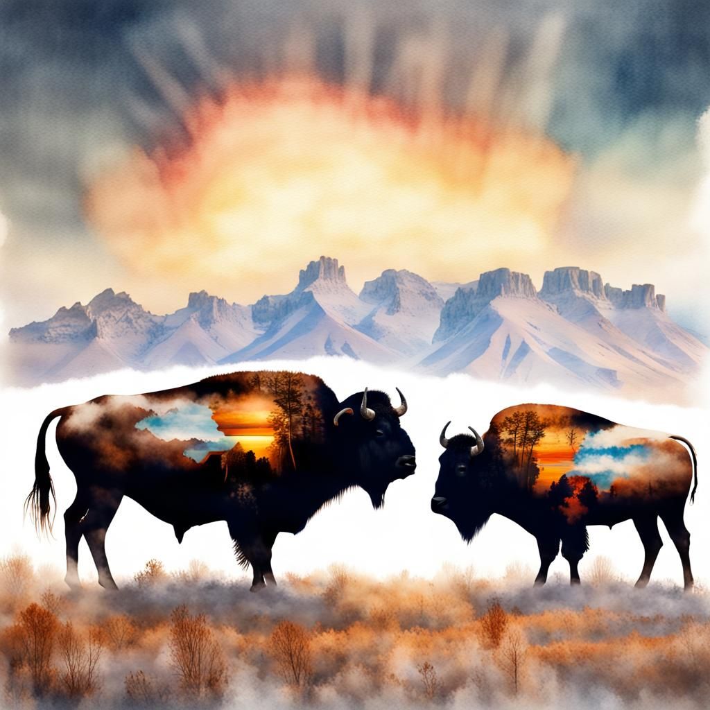 Buffalo and Ghost Dancer Double Exposure Watercolor