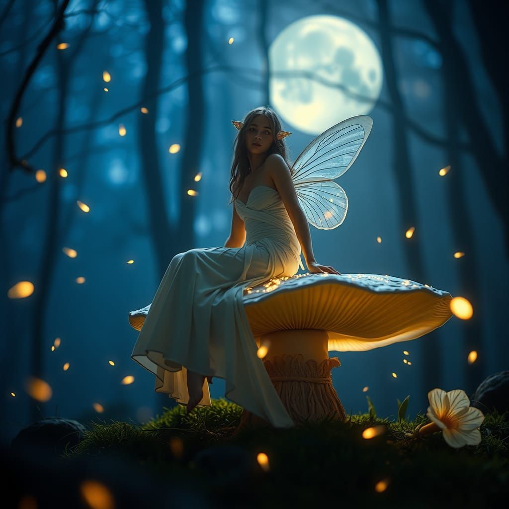Fairy on Mushroom in Moonlit Forest, Cinematic Light Art