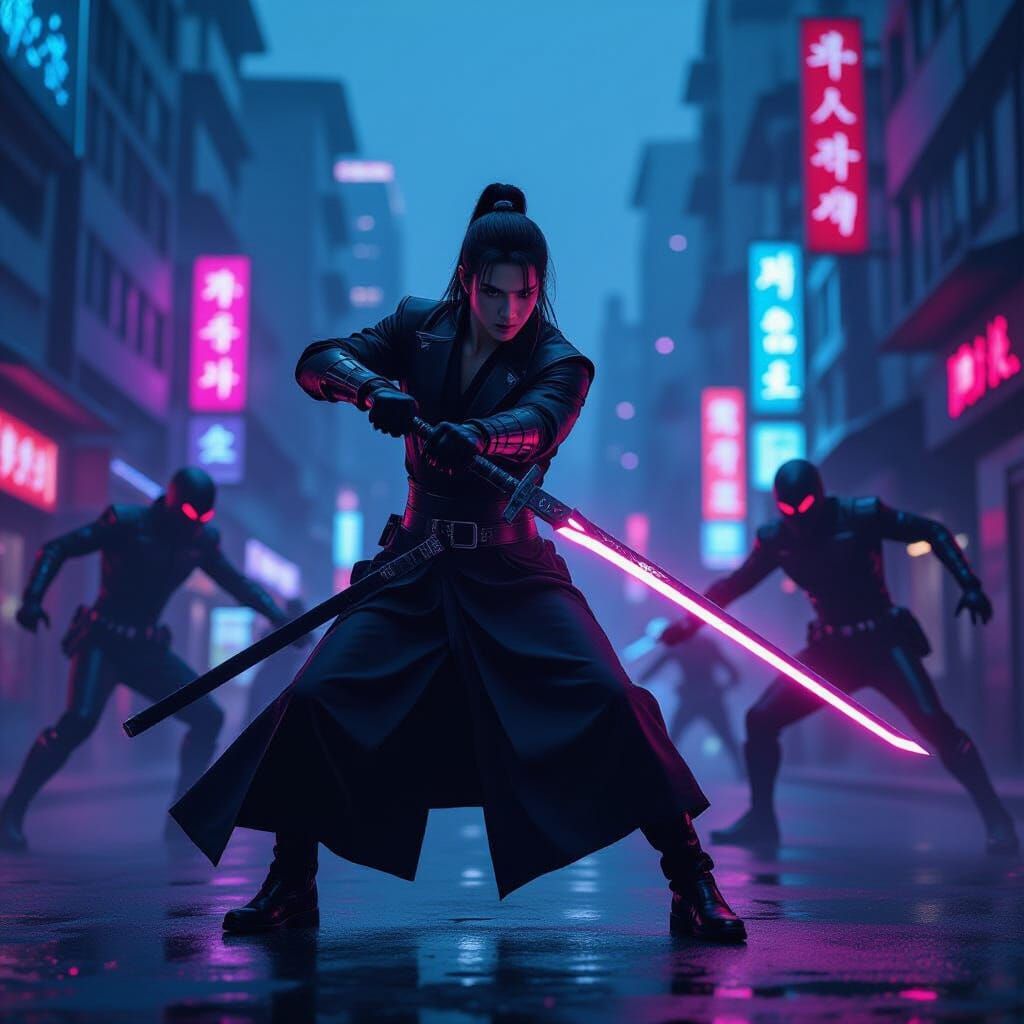 Kpop Idol Demon Hunter in Neon Cityscape