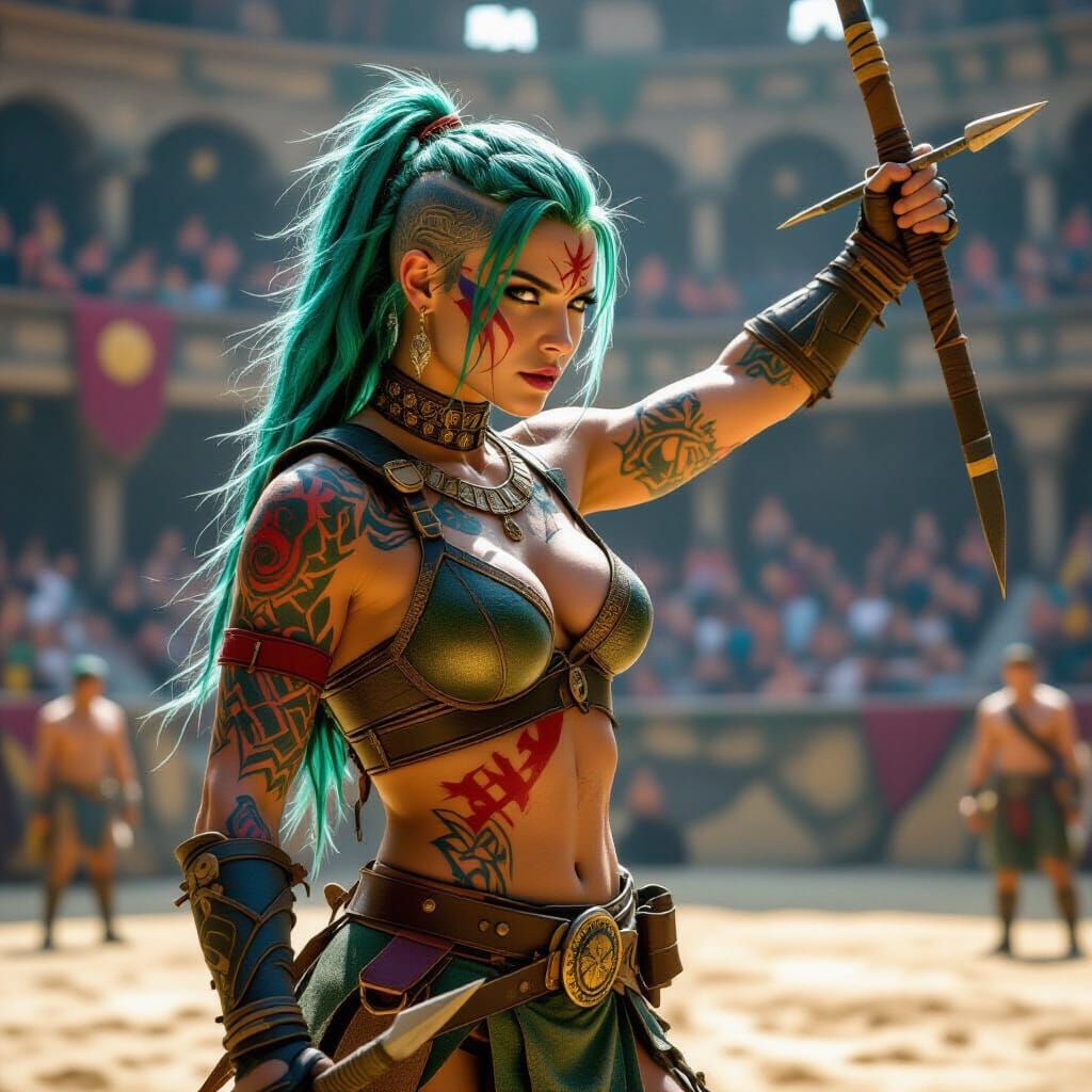 Fearless Gladiator Cassia in Arena, Comic Book Style