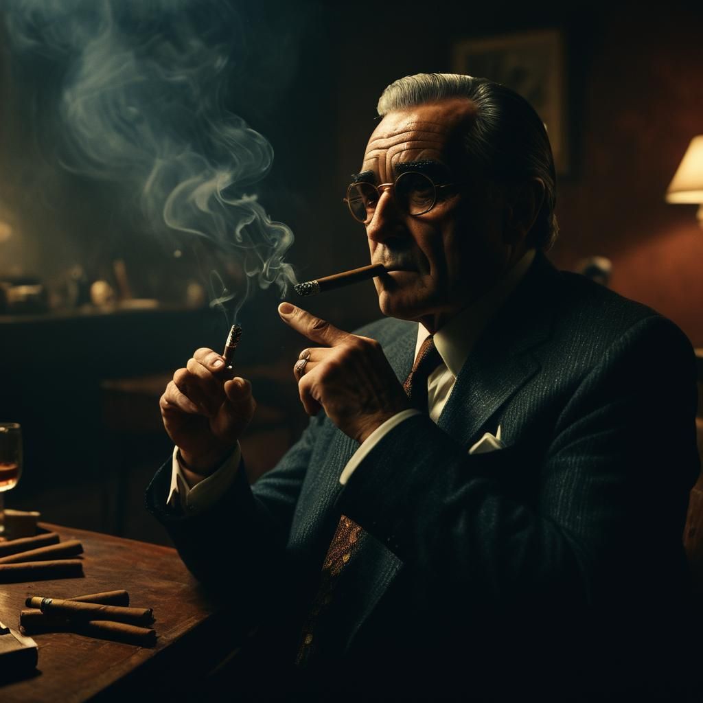 Cinematic Film Still: Man Smoking Cigar in Dark Room