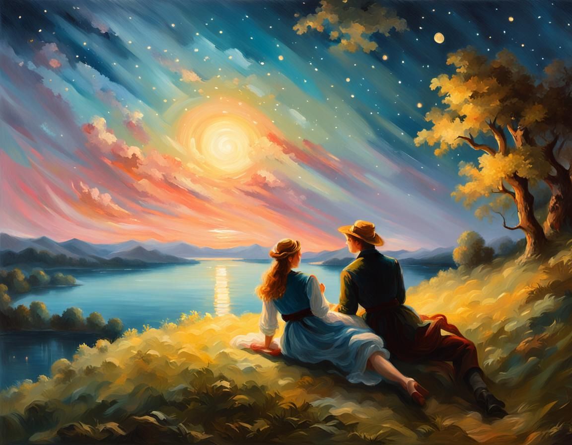 Romantic Stargazing Couple in Impressionist Oil Painting