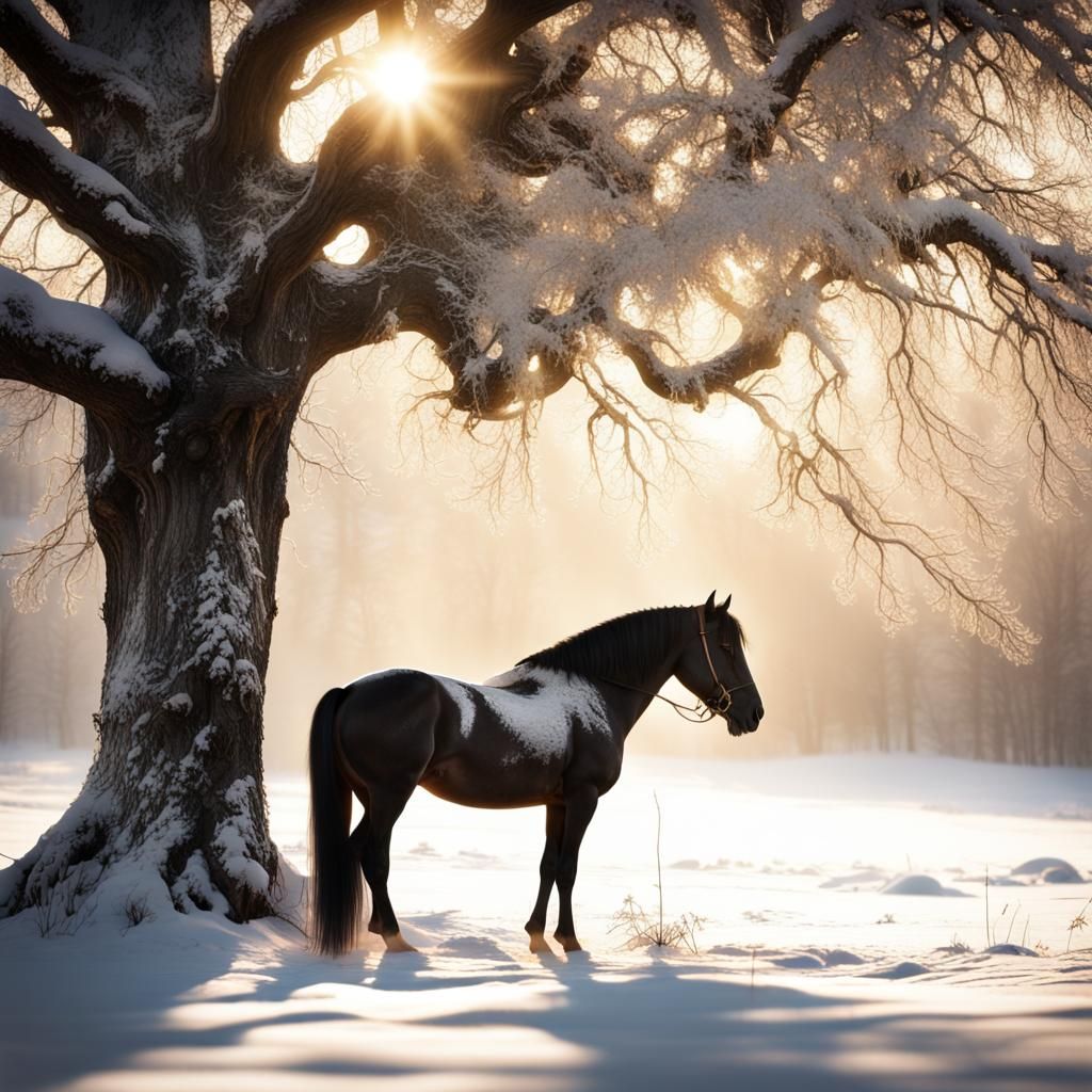 Snowy Field with Black Horse in Hyperrealism