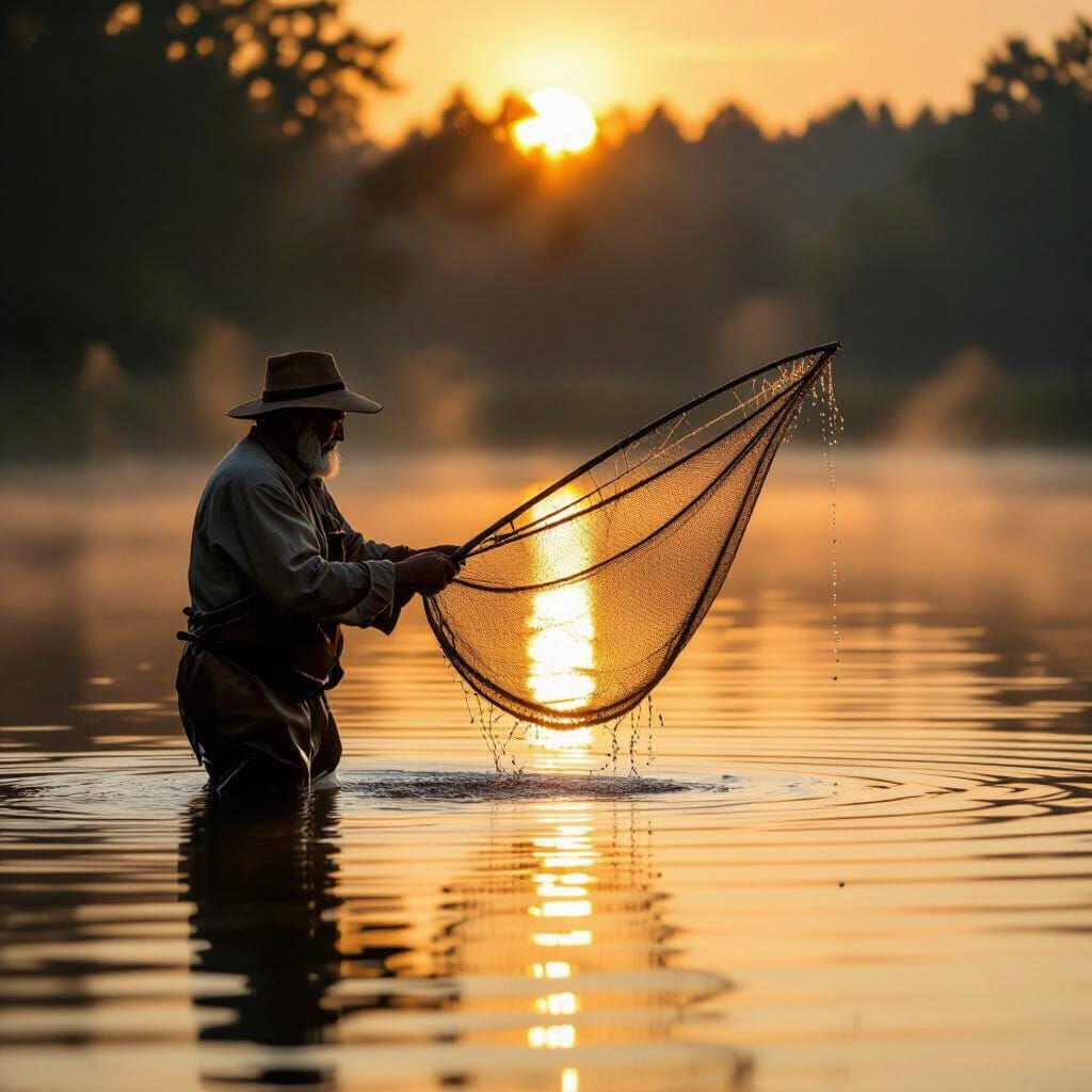 Fisherman Casting Net at Dawn in Golden Light