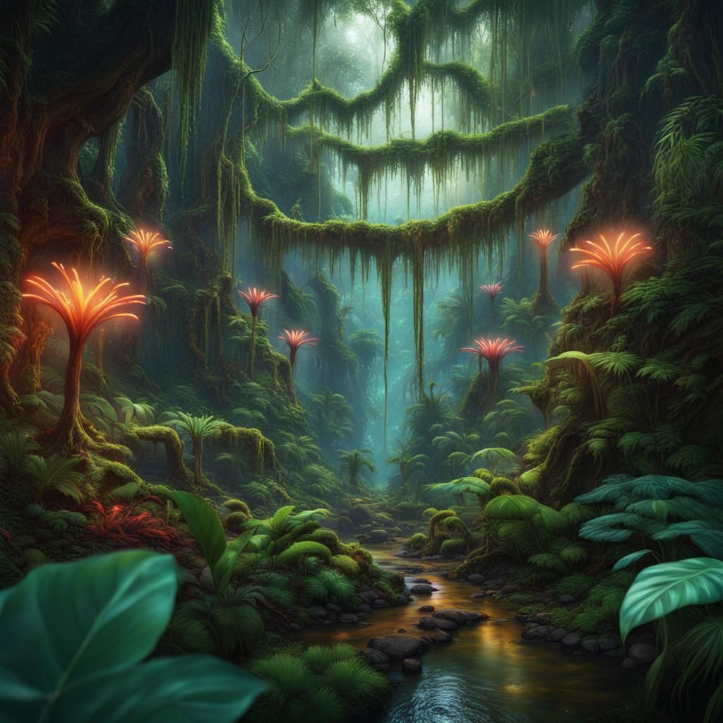 Mystical Rainforest with Hidden Eyes: Fantasy Concept Art