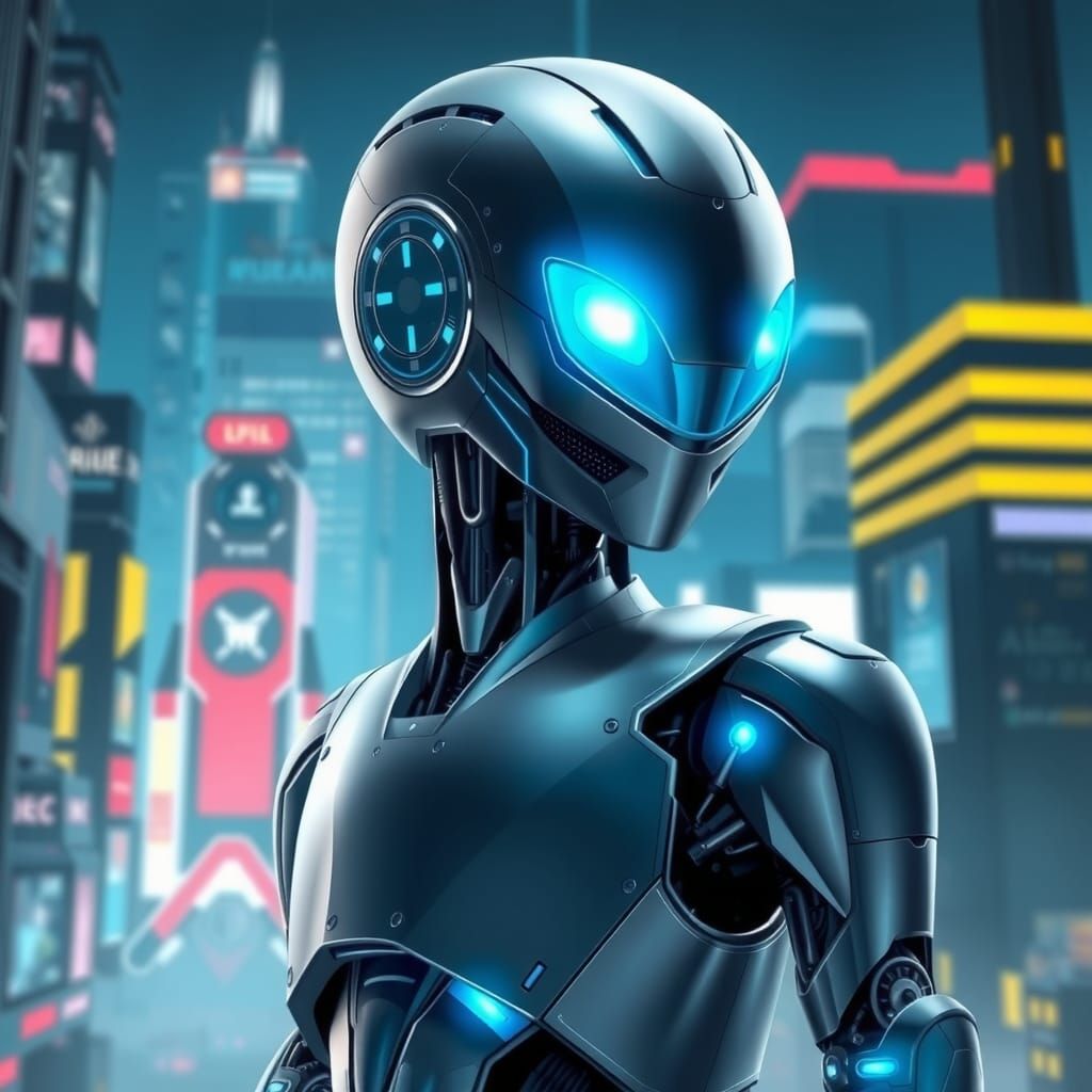 Futuristic Robot with Glowing Eyes in Cyberpunk Cityscape
