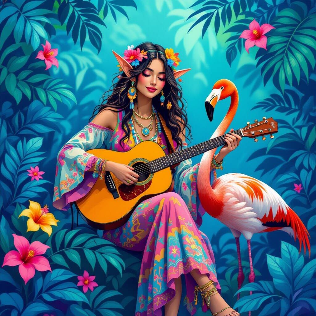 Hippie Elf and Flamingo in Psychedelic Jungle