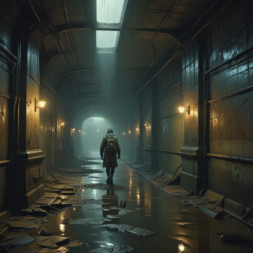 Explorer in Flooded Subway Station, Dark Fantasy Art