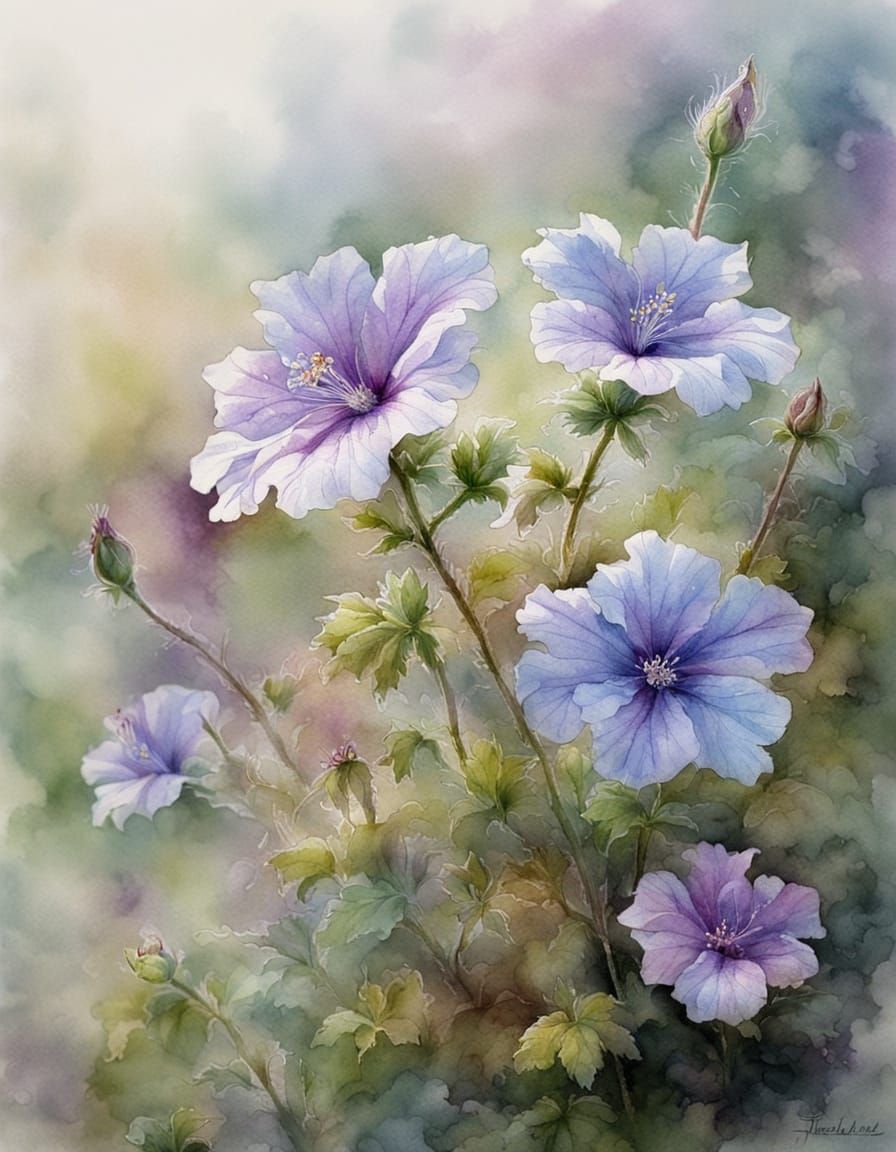 Ethereal Macro Closeup of Cranesbill in Watercolour