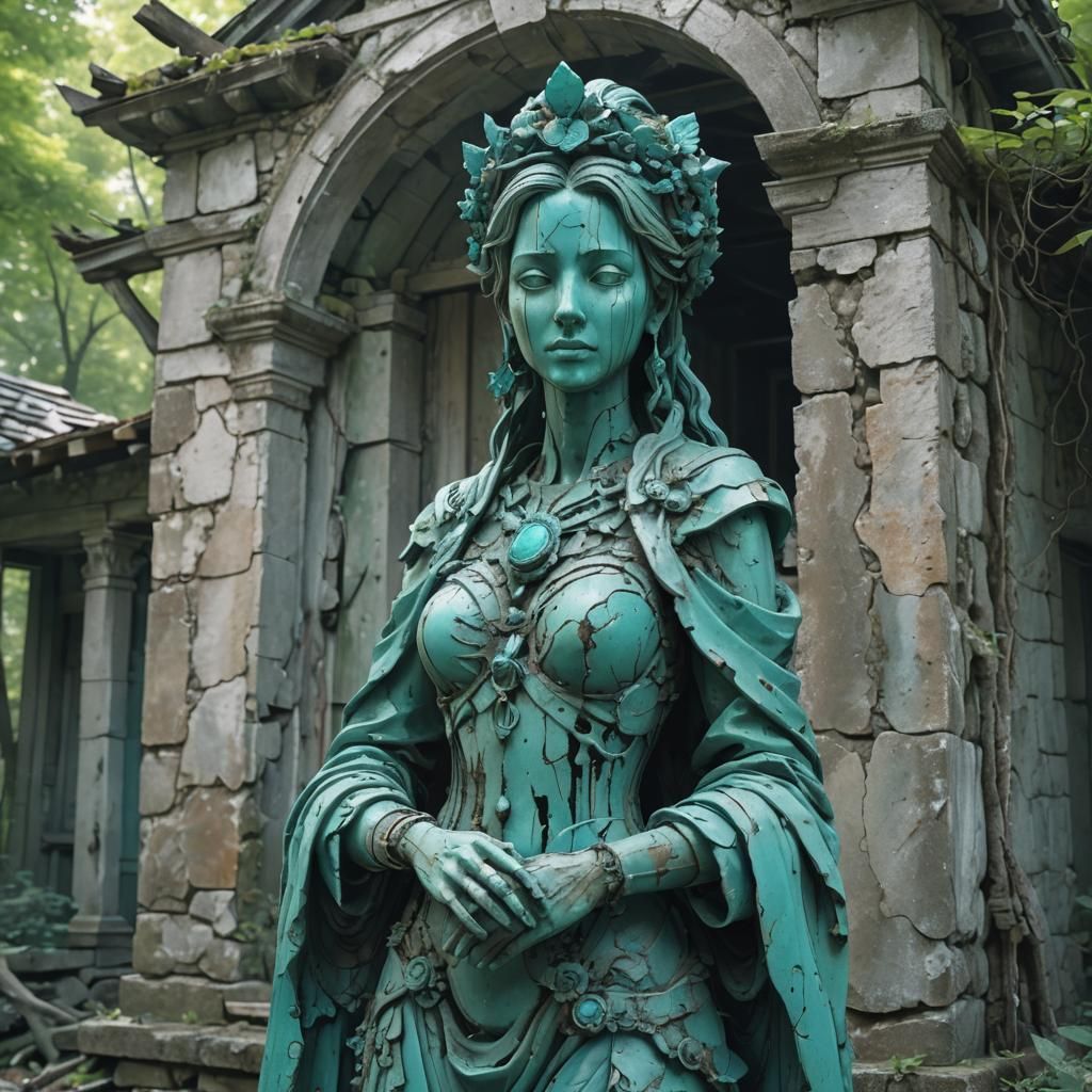 Weathered Turquoise Statue in Abandoned Forest House