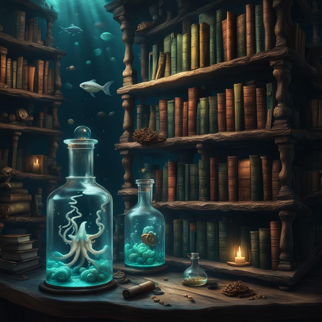Underwater Squid Reads Book: Detailed Matte Painting