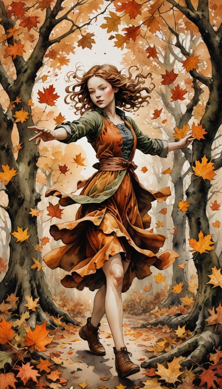 Autumn Girl Dances in Oak Leaves: Watercolor Art