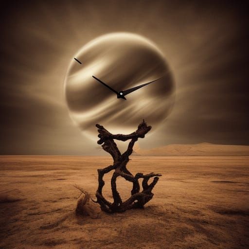 Surreal Desert Landscape with Melting Clocks in Dreamlike St...
