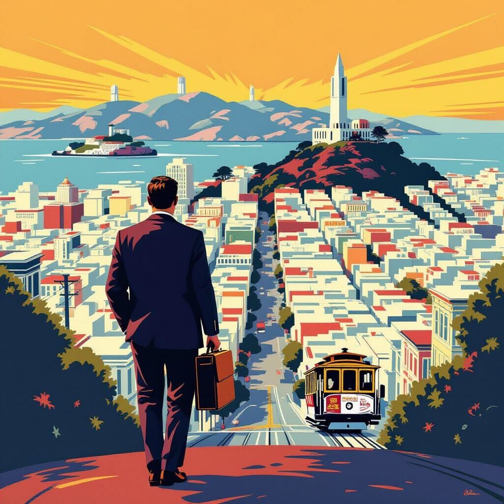 1950s Graphic Design of Man on San Francisco Hill
