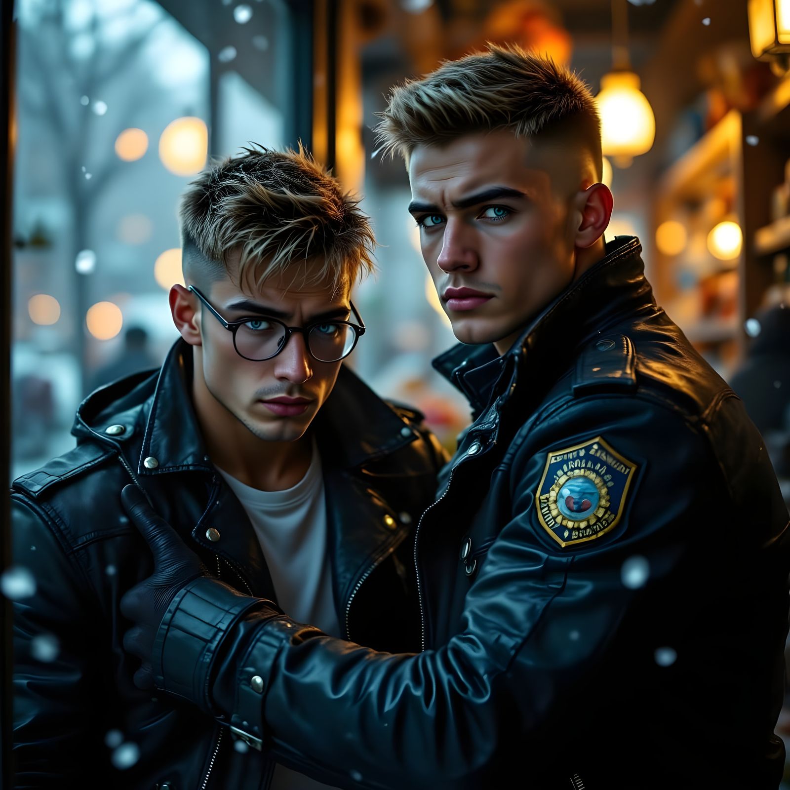 Police Officer Comforts Traumatized Clerk in Rainy Cityscape