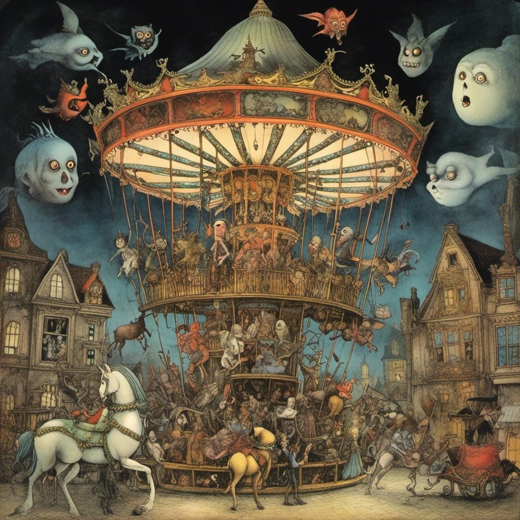Horror Ghost Carousel in Dark Art Style