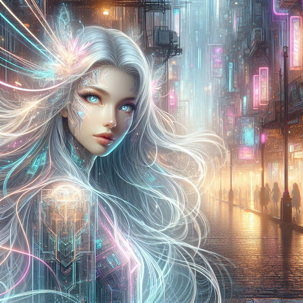 Neon Cyberpunk Goddess with Flowing Hair