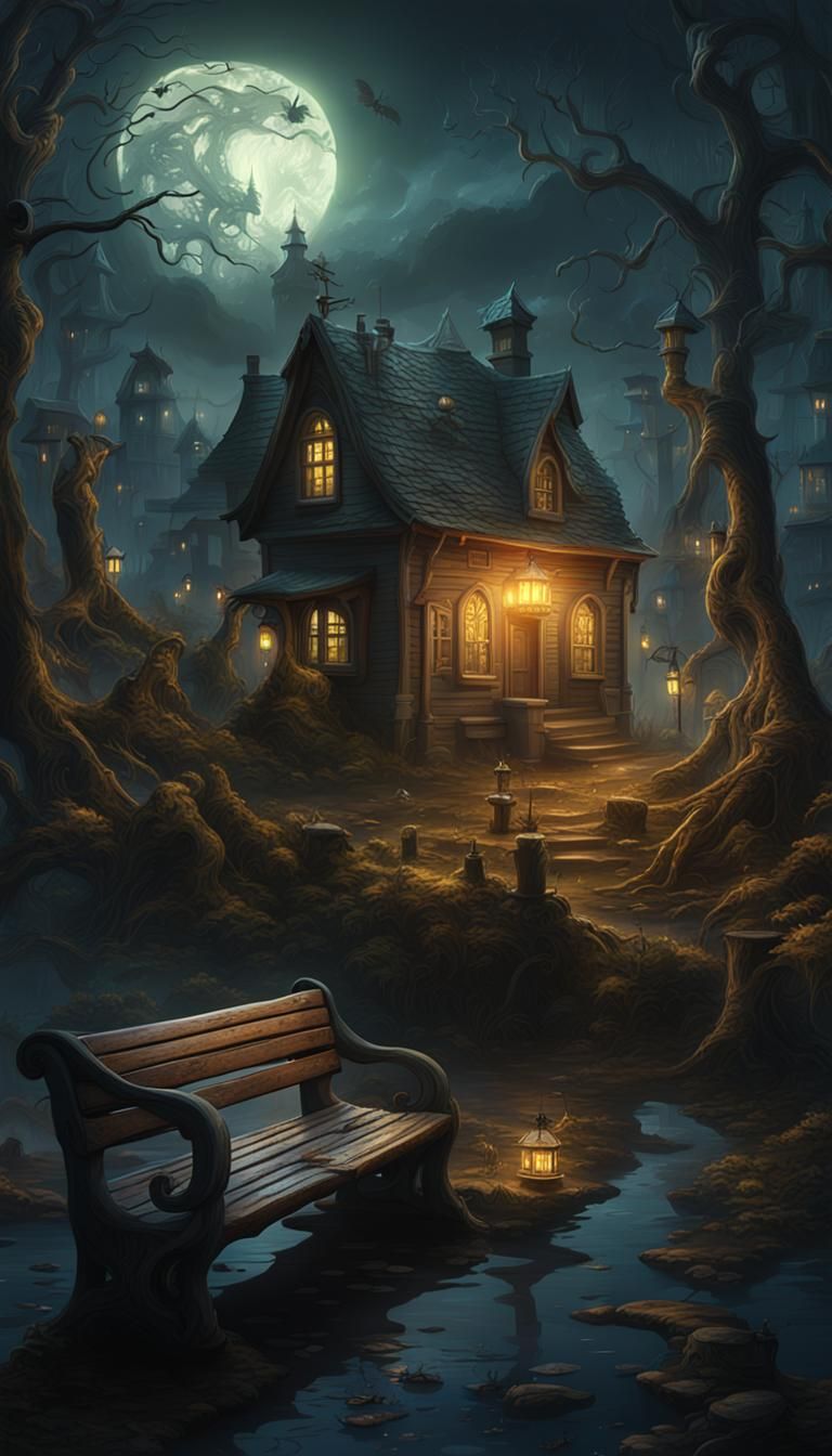 Haunted City in Creepy Forest with River