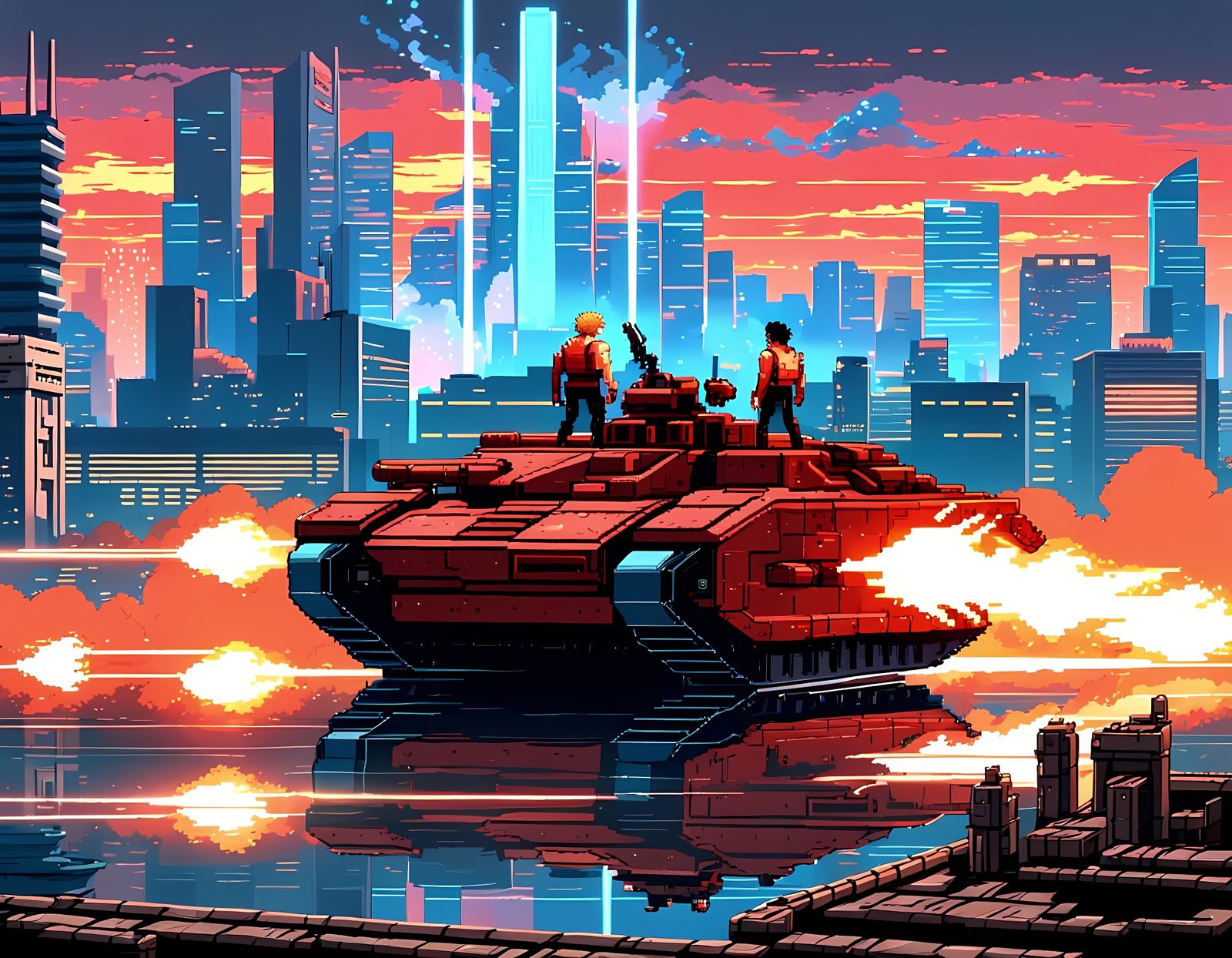 Futuristic Cityscape Under Siege: Pixel Art Anime