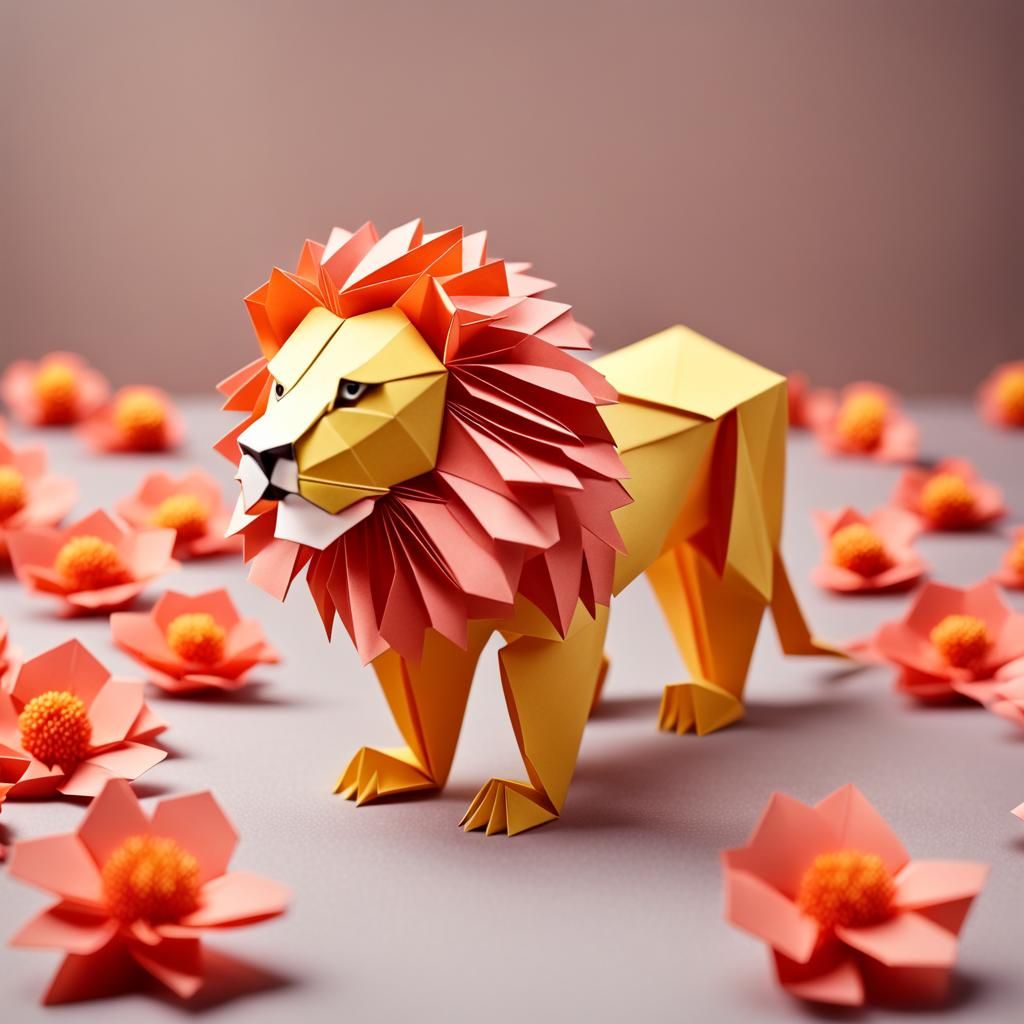 Origami Lion with Flowers in Papercraft Style