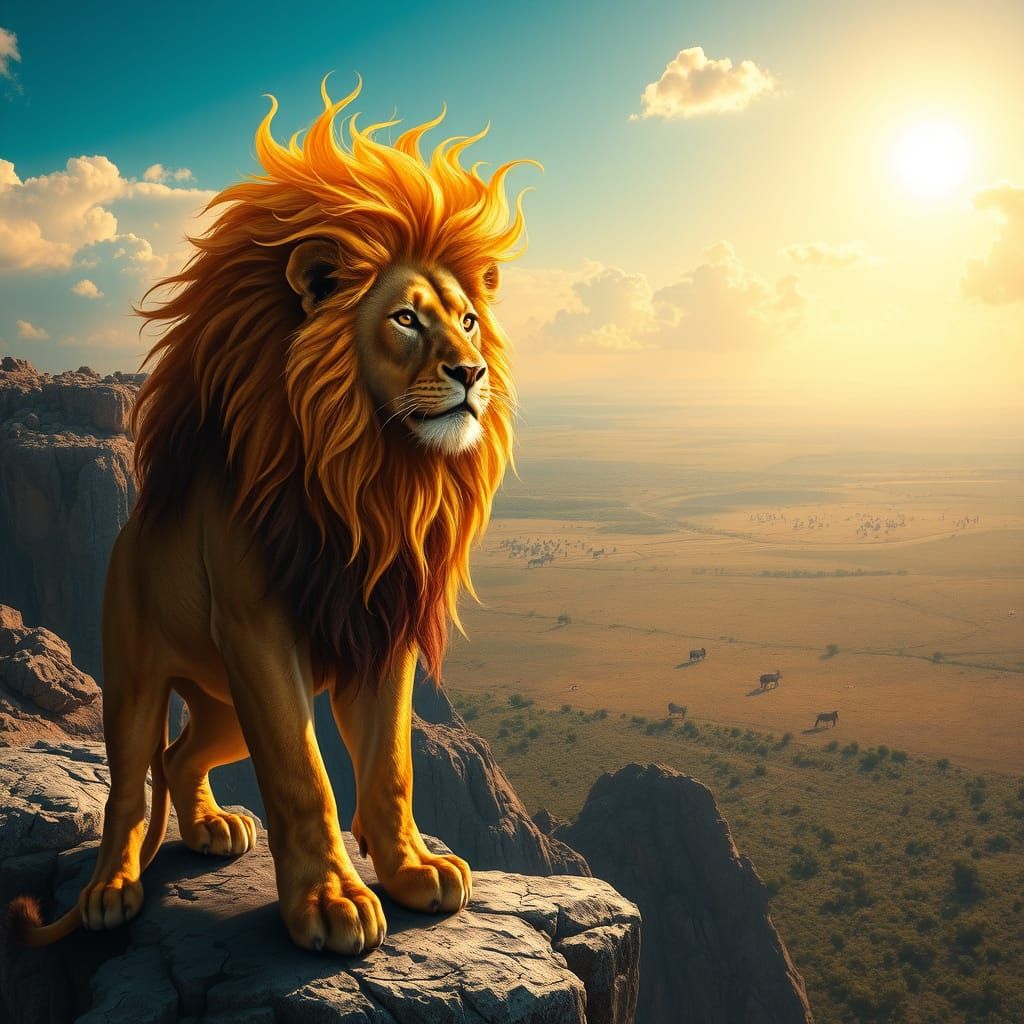 Lion with Fiery Mane Overlooking Sunlit Savanna
