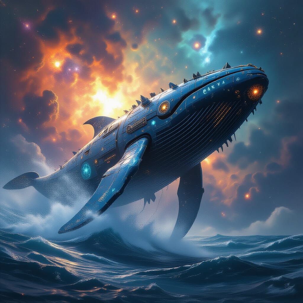 Colossal Mechanical Whale in Cosmic Nebula